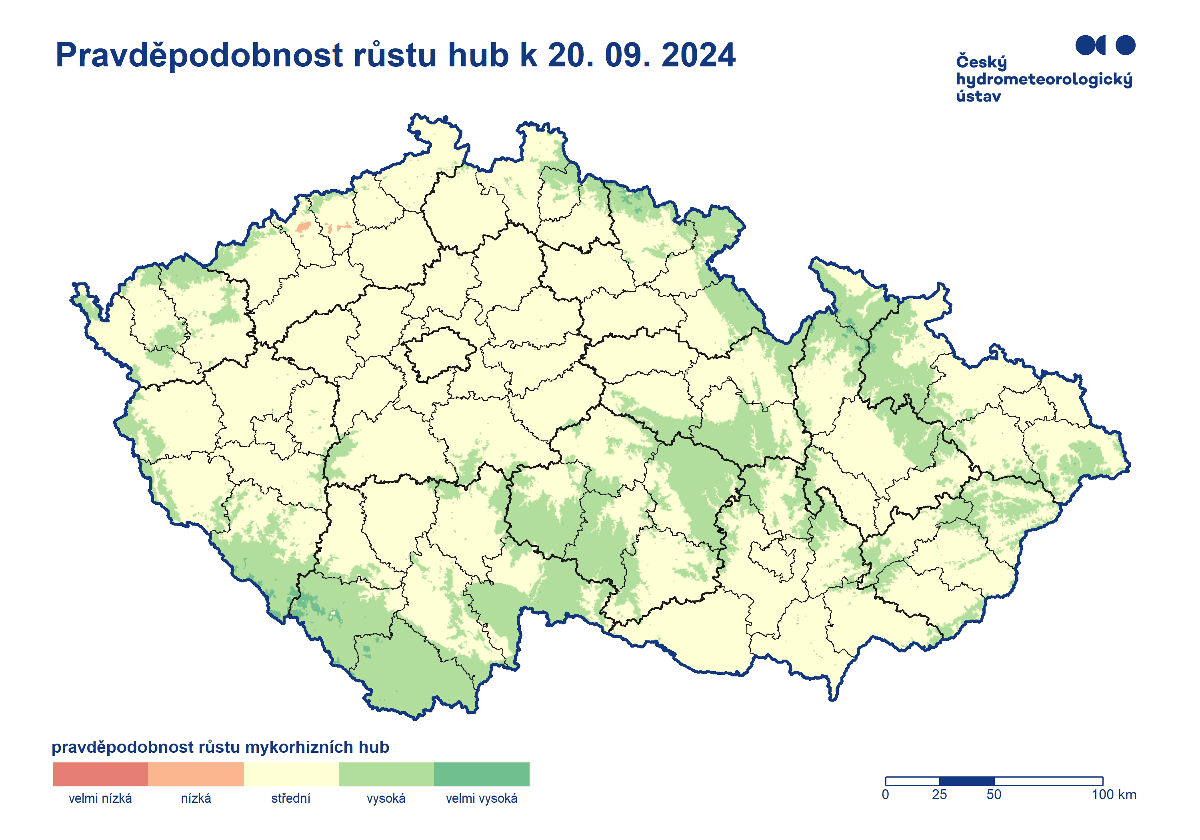 Pravidelně aktualizovaná mapa ČHMÚ se zbarvuje dozelena - což značí vysokou pravděpodobnost růstu hub