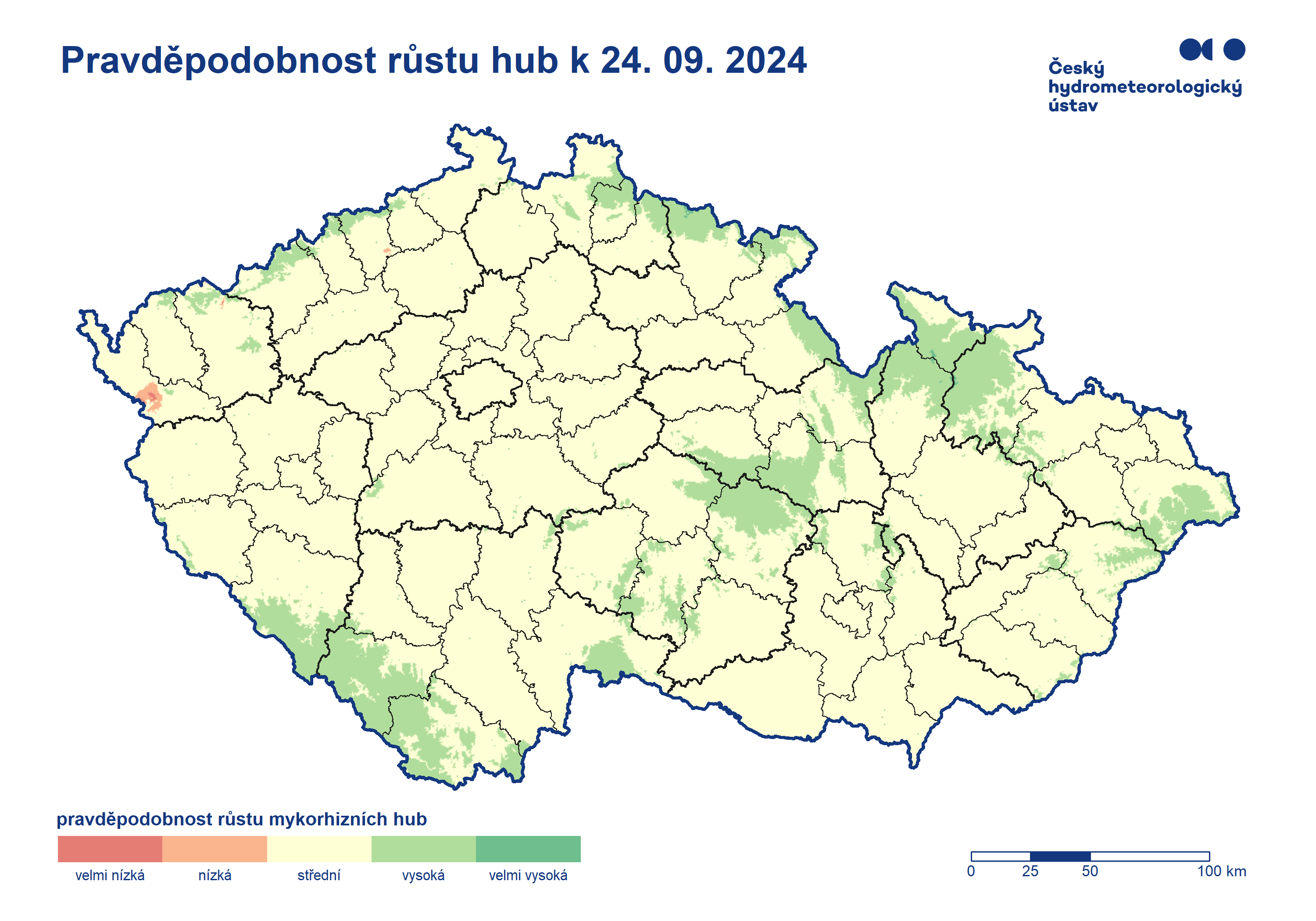 Pravděpodobnost růstu hub k 24. září 2024 - Mapa růstu hub - Kde rostou houby