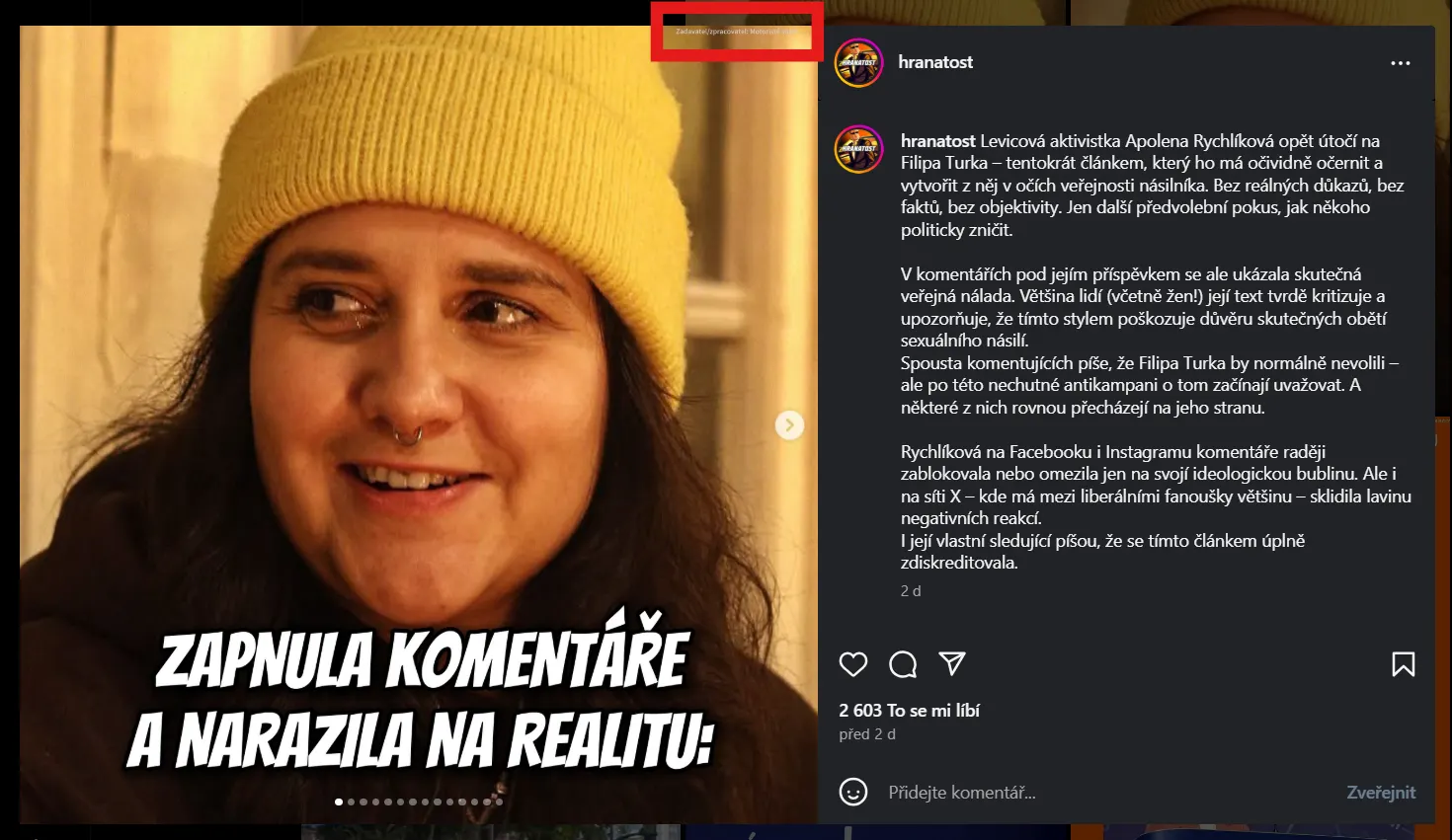 Screenshot příspěvku zveřejněný účtem Hranatost s přiznáním Zadavatele: Motoristé sobě