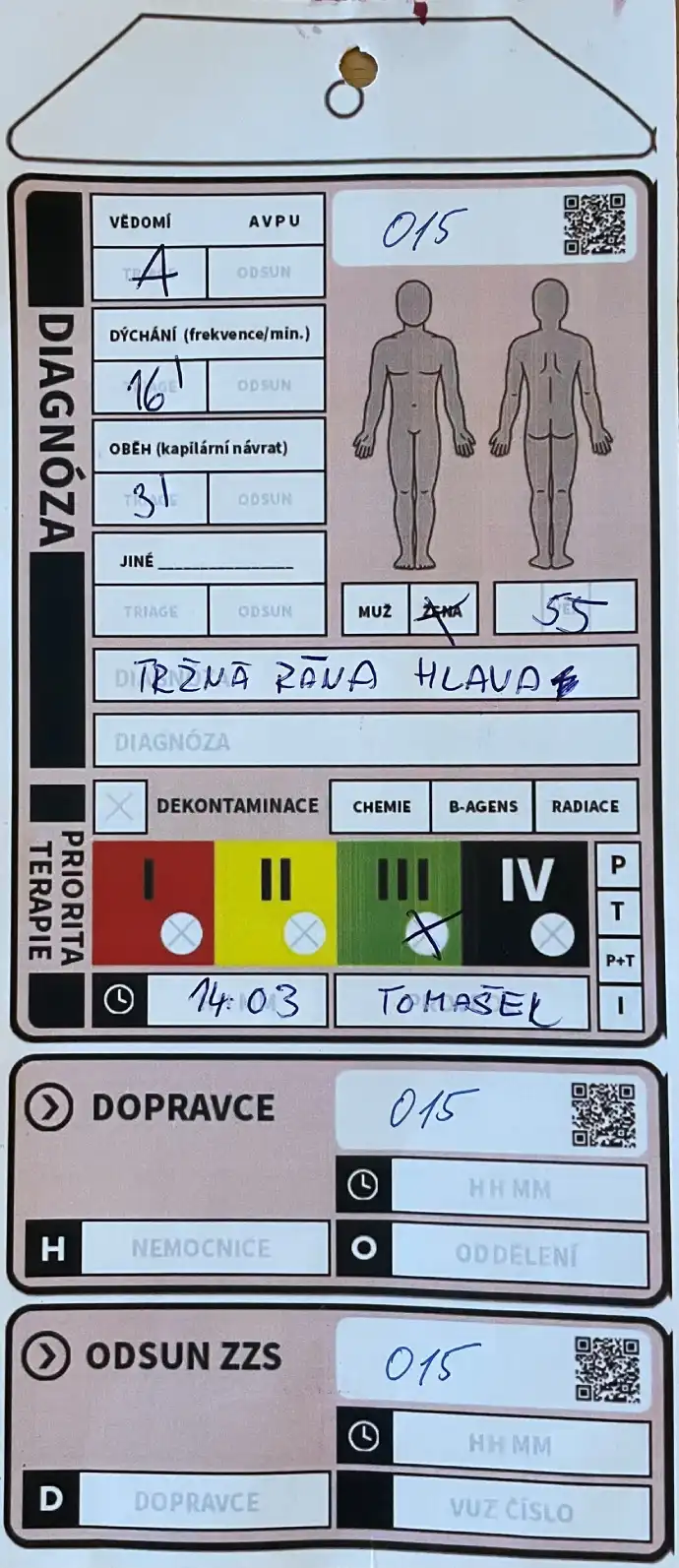 Třídící identifikační karta zraněného