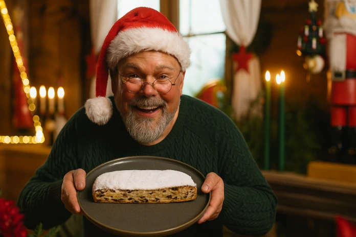 Weihnachtsmann s tradiční drážďanskou vánoční štolou - Drážďanská vánoční štola