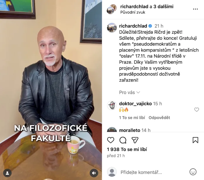 Richard Chlad ve videu odkazuje na střelbu na FF UK před dvěma lety