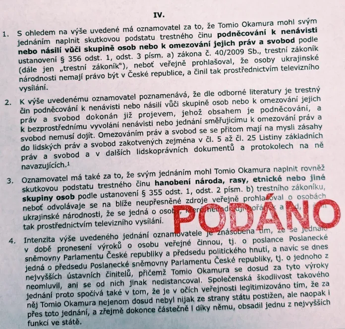 Trestní oznámení na Tomia Okamuru - Štít demokracie