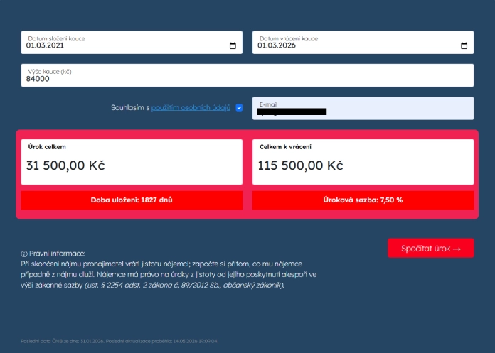 Modelový výpočet úroků z kauce při nájmu bytu