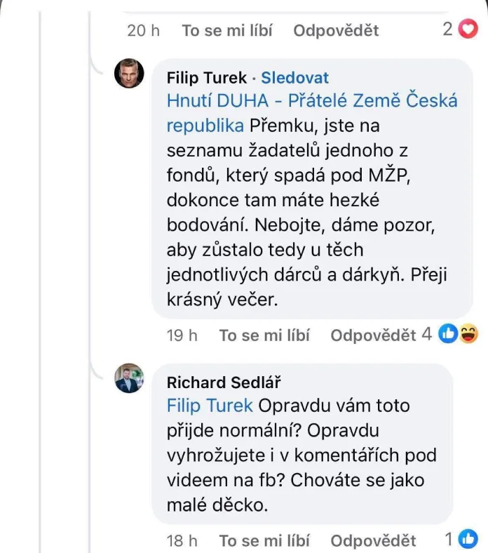 Diskuze Filipa Turka pod jedním z videí Hnutí Duha