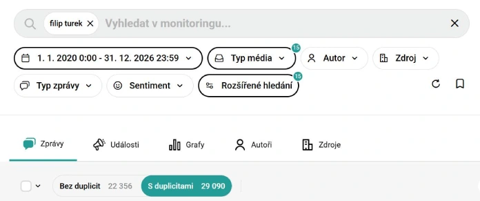 Výstup z monitoringu Poslanecké sněmovny zachycující mediální zmínky o Turkovi od roku 2020