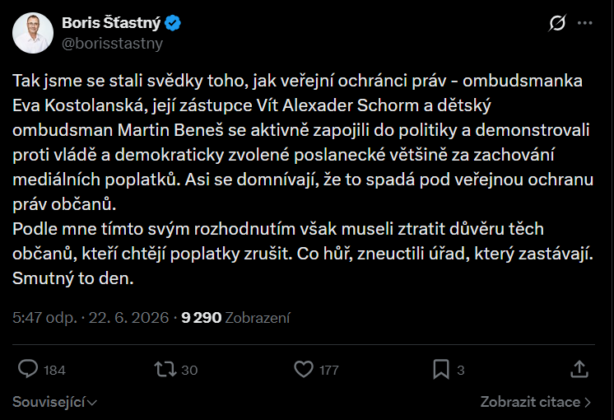Prim&aacute;rn&iacute; př&iacute;spěvek ministra Borise &Scaron;ťastn&eacute;ho na s&iacute;ti X
